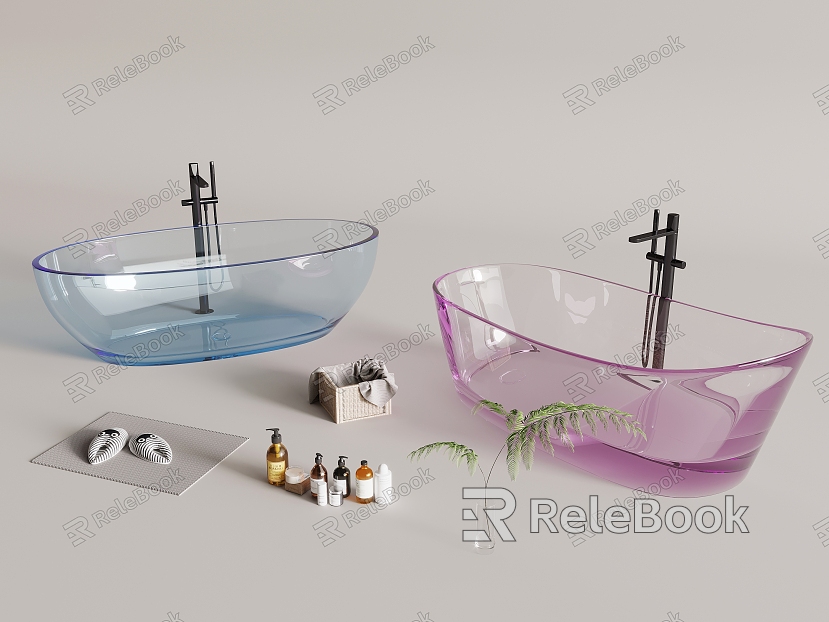 Modern Glass Bathtub Toiletries Dirty Clothes Basket Green Plant model