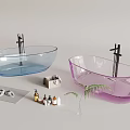 Transparent Oval Bathtubs in Blue and Purple with Aromatic Bottles Slippers and Palm Leaf Decor