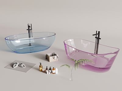 Modern Glass Bathtub Toiletries Dirty Clothes Basket Green Plant 3d model