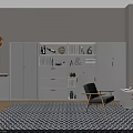 Modern White Bookcase With Drawers And Cabinets Featuring Gray Chair Geometric Rug And Orange Clock