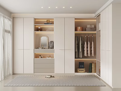 Modern Walk in Closet Interior Design With Built in Wardrobes Hanging Rods And Mirror 3d model