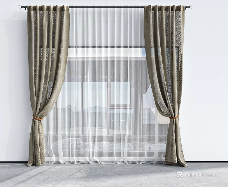 Modern Double Layer Khaki Curtain With Sheer White Panels And Tiebacks 3d model 