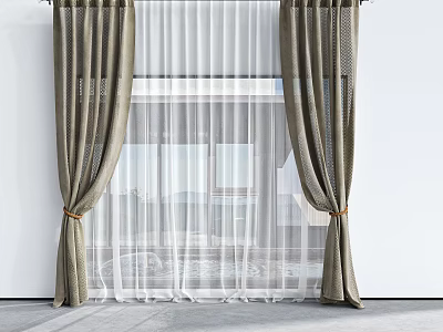 Modern Double Layer Khaki Curtain With Sheer White Panels And Tiebacks 3d model