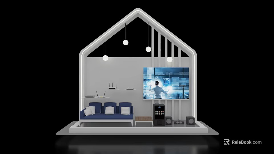 Exhibition Island In House Shaped Model Featuring Living Room Sofa TV Pendant Lights And Bookshelf 3d model 