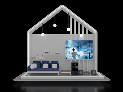 Exhibition Island In House Shaped Model Featuring Living Room Sofa TV Pendant Lights And Bookshelf 3d model