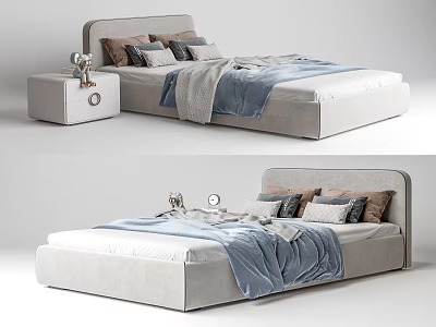 Modern Single Bed With Upholstered Headboard Blue Blanket Pillows And Nightstand 3d model