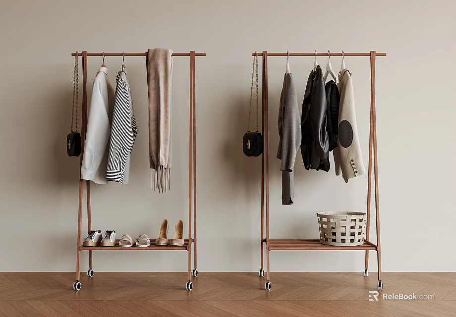 Wooden Clothes Racks With Wheels Hanging Clothes Scarf Bags And Lower Shelf For Shoes Basket 3d model 