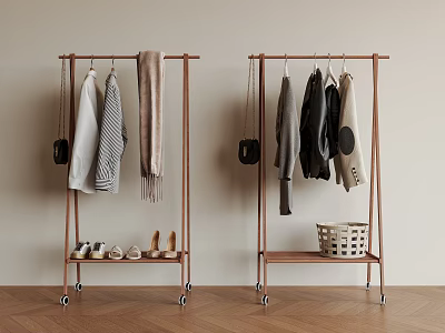 Wooden Clothes Racks With Wheels Hanging Clothes Scarf Bags And Lower Shelf For Shoes Basket 3d model
