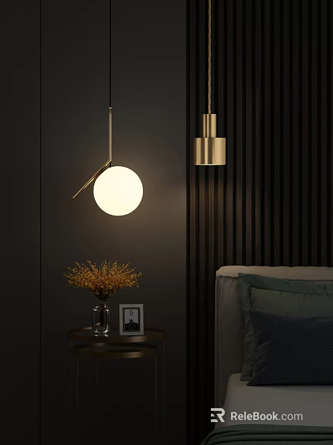Modern Pendant Light in Bedroom with Dried Flower Vase Photo Frame and Side Table 3d model 