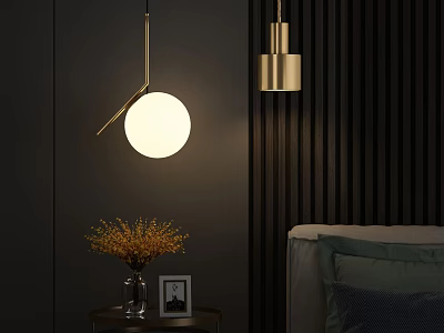 Modern Pendant Light in Bedroom with Dried Flower Vase Photo Frame and Side Table 3d model