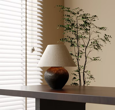 Table Lamp with Light Colored Lampshade on Table Near Window Blinds and Green Plant 3d model