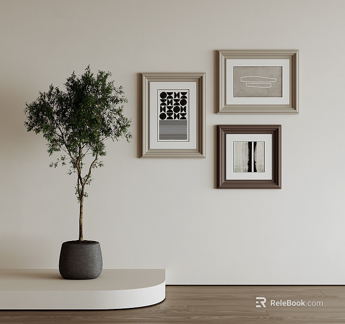 Framed Abstract Paintings on White Wall with Green Plant in Grey Pot on White Table 3d model 