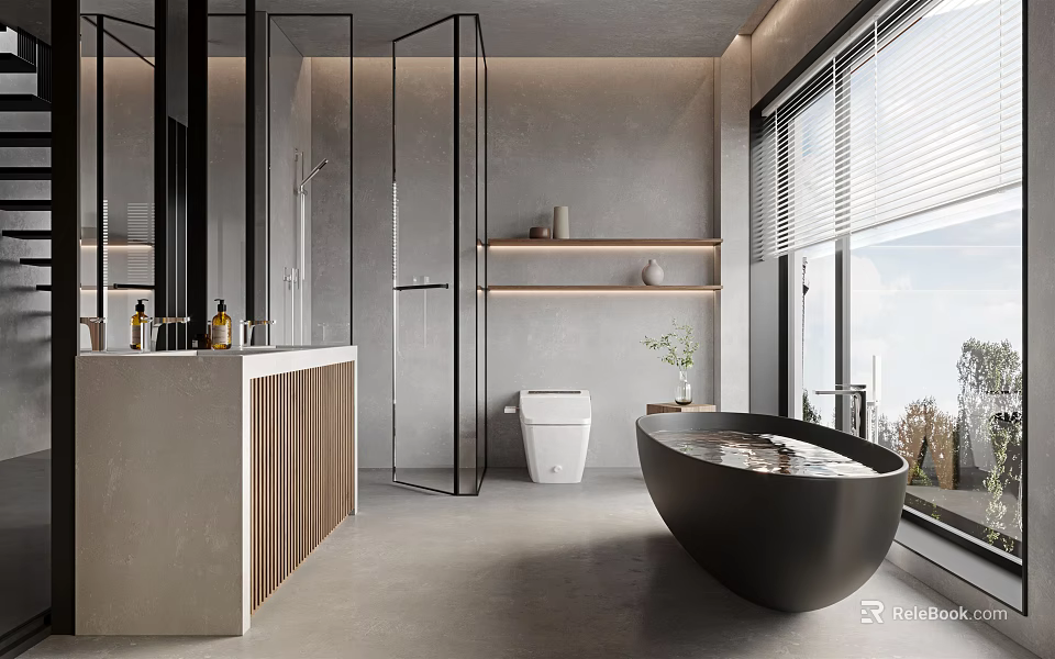 Modern Bathroom Interior Design With Glass Shower Black Bathtub And Wooden Shelves 3d model 