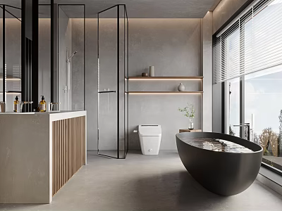 Modern Bathroom Interior Design With Glass Shower Black Bathtub And Wooden Shelves 3d model