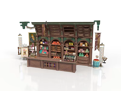 Enchanting Building Interior with Wooden Shelves Colorful Bottles Decorative Banners and Vintage Lamps 3d model