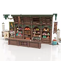 Enchanting Building Interior with Wooden Shelves Colorful Bottles Decorative Banners and Vintage Lamps