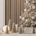 Decorated Pine Tree With White Ornaments Round Pendant Lights Striped Wall Small Trees And Gifts