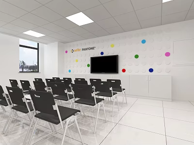 Modern Conference Room With Black Chairs Large Screen TV And Colorful Dot Decorations 3d model