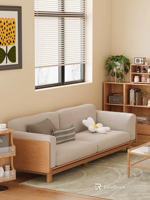 Light Gray Two Seater Sofa With Pillows Wooden Side Table And Green Plant 3d model 