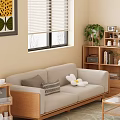 Light Gray Two Seater Sofa With Pillows Wooden Side Table And Green Plant