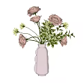 Elegant White Textured Vase with Pink Roses and Green Leaves for Home Decor