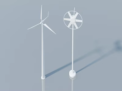 White Wind Turbine Models Featuring Three Blade And Fan Shaped Designs On Light Blue Background 3d model