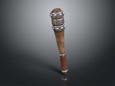 Rustic Wooden Club With Metal Rings Rivets And Leather Grip 3d model