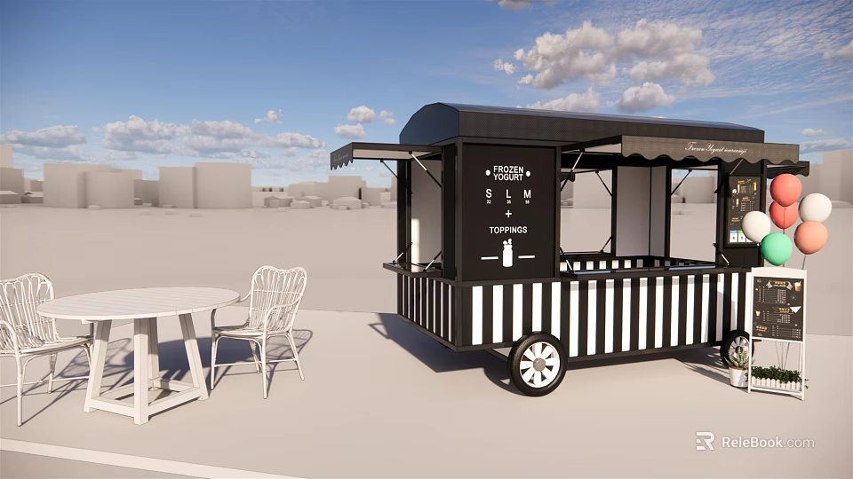 Commercial Food Cart With Black And White Striped Design And Outdoor Table Chairs 3d model 