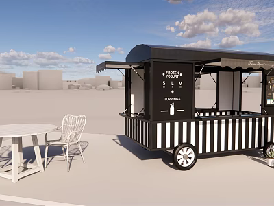 Commercial Food Cart With Black And White Striped Design And Outdoor Table Chairs 3d model