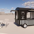 Commercial Food Cart With Black And White Striped Design And Outdoor Table Chairs