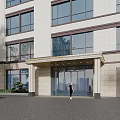Modern Building Exterior With Large Glass Windows Beige Walls Entrance Canopy And Red Car