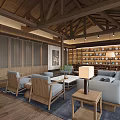 Hotel Public Lounge Area With Wooden Ceiling Columns Bookshelves Sofas Coffee Tables And Wooden Flooring
