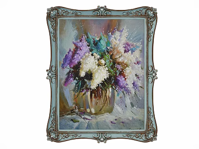 Beautiful Oil Painting with Purple White Flowers in Vase and Ornate Blue Frame 3d model