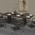 Modern Wooden Dining Table Set With Chairs Tableware Decorative Vase And Fresh Fruits
