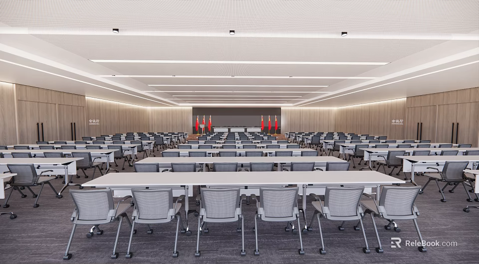Modern Conference Room Interior With Rows Of Tables Chairs And Front Projection Screen 3d model 