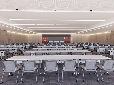 Modern Conference Room Interior With Rows Of Tables Chairs And Front Projection Screen 3d model