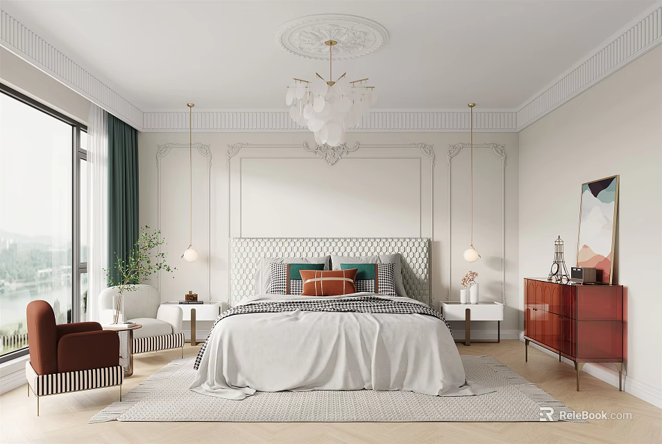 Elegant Modern Bedroom Interior With White Bedspread Decorative Pillows Green Curtains Armchair And Chandelier 3d model 