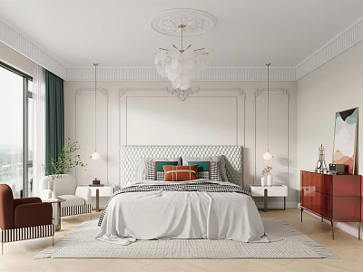 Elegant Modern Bedroom Interior With White Bedspread Decorative Pillows Green Curtains Armchair And Chandelier 3d model