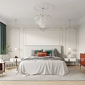 Elegant Modern Bedroom Interior With White Bedspread Decorative Pillows Green Curtains Armchair And Chandelier