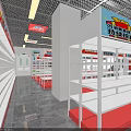 Bright Supermarket Department Store Interior With Red White Decor Neat Shelves And Product Displays