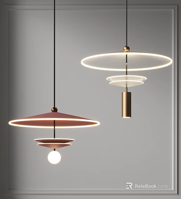 Modern Stylish Pendant Lights With Pink Circular Shades And Gold Cylindrical Design 3d model 