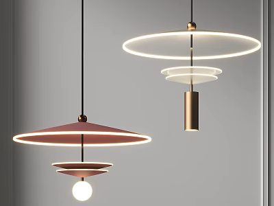 Modern Stylish Pendant Lights With Pink Circular Shades And Gold Cylindrical Design 3d model