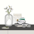 Modern Decorative Ornament Set with Glass Vase White Flowers Books and Abstract Sculpture