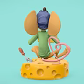 Cartoon Mouse Wearing Blue Eye Mask Green Shirt Holding Cheese On Yellow Cheese With Heart