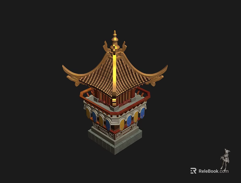 Ornate Ancient Architecture With Golden Multi Tiered Roof And Decorative Overhanging Eaves 3d model 