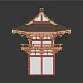 Traditional Red Architectural Gate With Brown Curved Roof And Ornate Decorative Elements