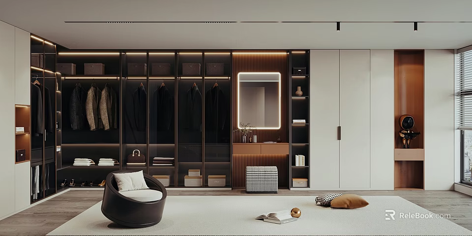 Modern Walk In Closet Interior With Hanging Clothes Illuminated Mirror And Storage Cabinets 3d model 