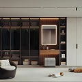 Modern Walk In Closet Interior With Hanging Clothes Illuminated Mirror And Storage Cabinets