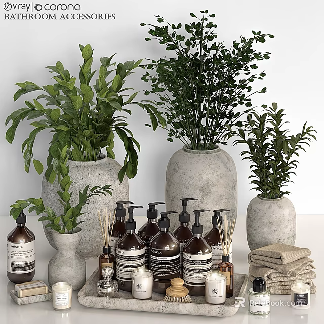 Stylish Washing And Daily Essentials Display With Green Plants Ceramic Vases And Linen Towels 3d model 