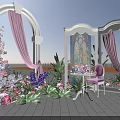 Outdoor Art Installation Featuring White Arch Pink Curtains Decorative Mirror Flowers Small Table Pink Chair